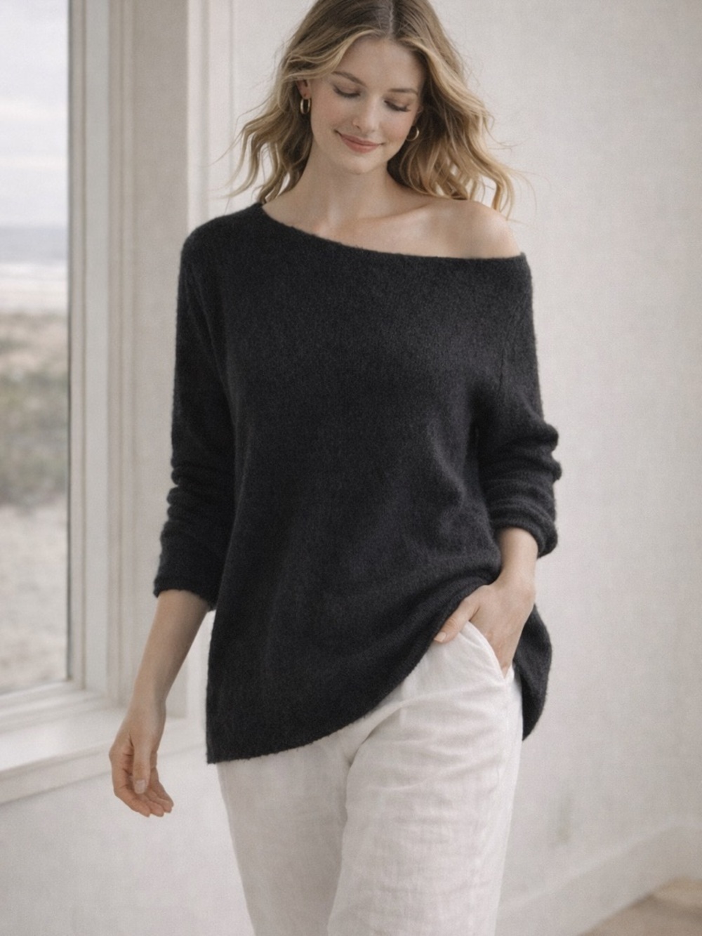 Adesi Cashmere Knit Sweater Black Womens M Italy Luxury Soft Minimalist Cozycore